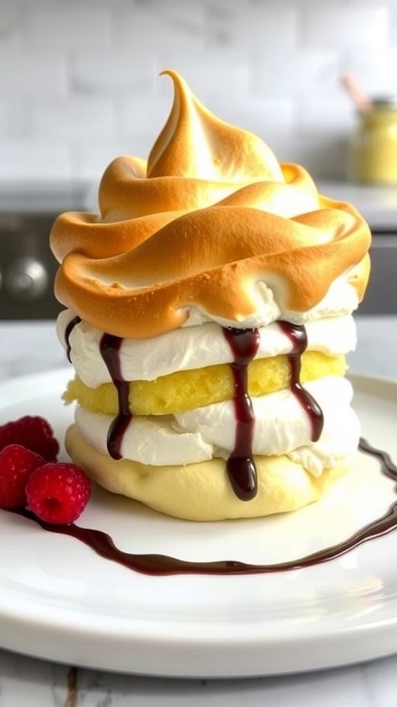 Air Fryer Baked Alaska Recipe Air Fryer Baked Alaska with golden meringue, sponge cake, and ice cream, garnished with chocolate sauce and berries.